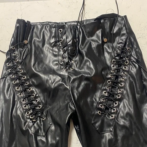 Black Lace-Up Leather Pants - Picture 4 of 5